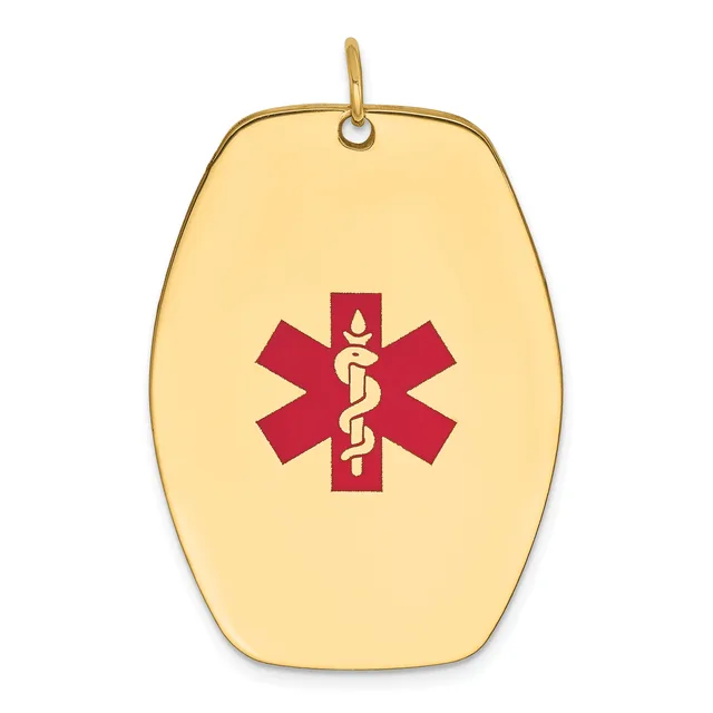 Gold-toned oval medical alert pendant with a red Star of Life symbol containing a staff with intertwined snakes, suspended from a small loop.