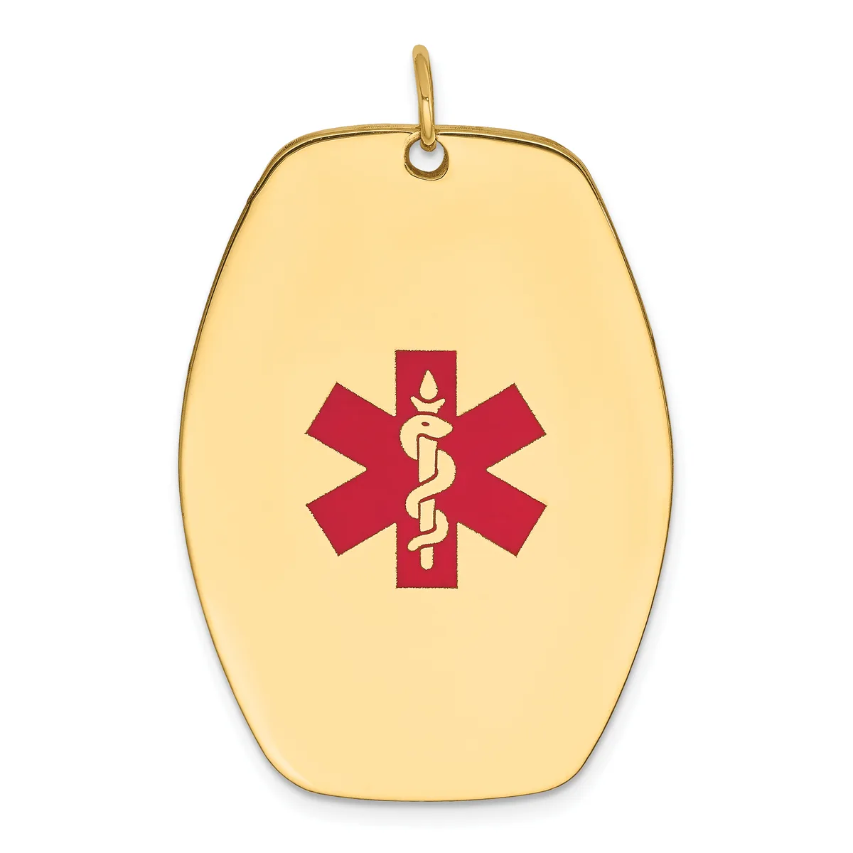 Gold-toned oval medical alert pendant with a red Star of Life symbol containing a staff with intertwined snakes, suspended from a small loop.