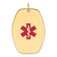 Gold-toned oval medical alert pendant with a red Star of Life symbol containing a staff with intertwined snakes, suspended from a small loop.
