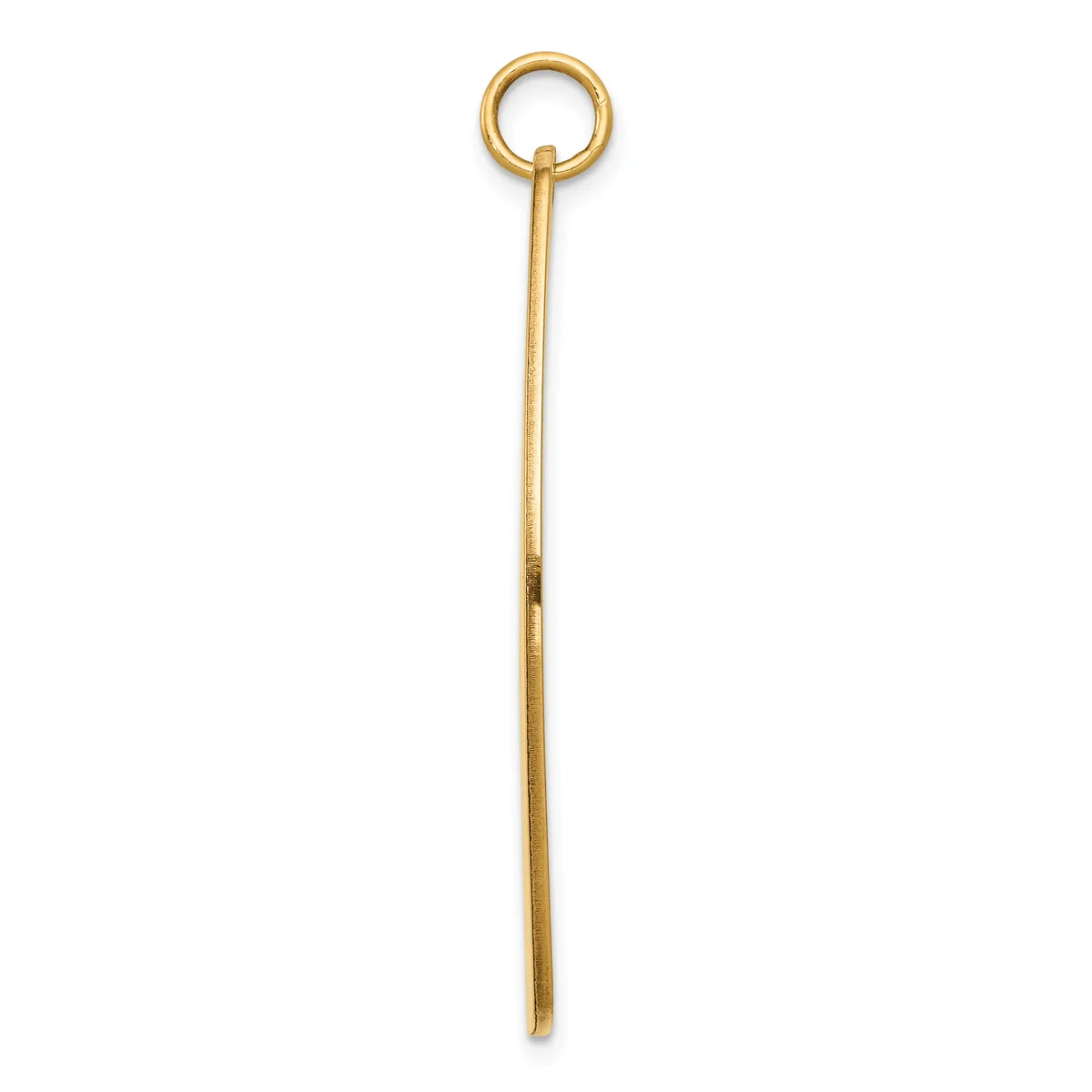 A long, slender gold pendant with a loop at the top and a split fork-like end at the bottom, shown against a white background.
