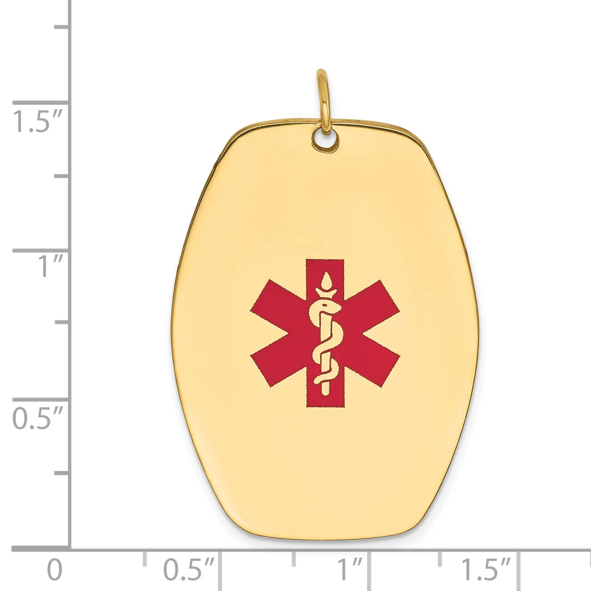 Gold-toned oval medical alert pendant with red star of life symbol and entwined snake staff, shown with a measurement scale indicating approximately 1.25 inches in height.