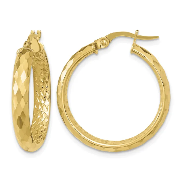 A pair of gold hoop earrings, one with a faceted diamond-cut surface and textured inner band, the other plain and polished, both with post and clutch closures.