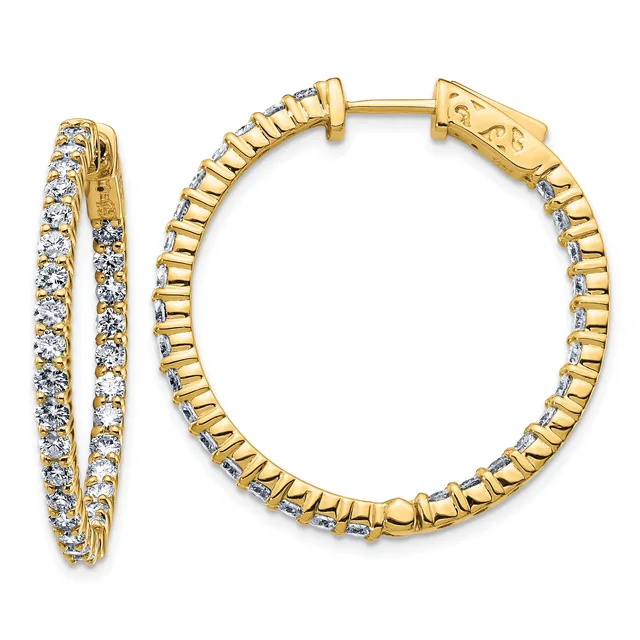 Pair of gold hoop earrings with cubic zirconia stones set along the inner and outer surfaces, shown from the front and side.
