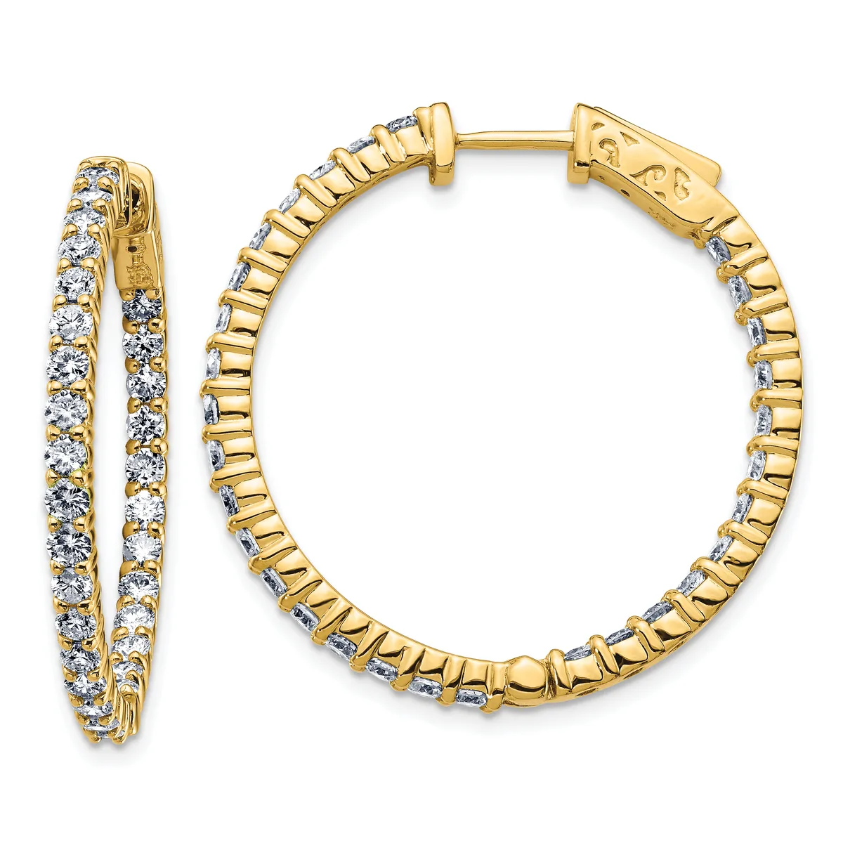 Pair of gold hoop earrings with cubic zirconia stones set along the inner and outer surfaces, shown from the front and side.