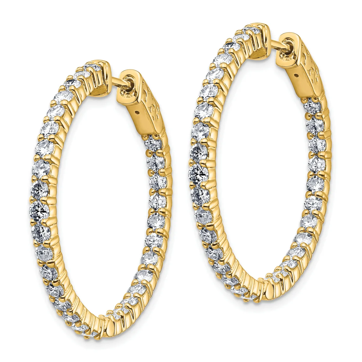 Pair of gold hoop earrings with diamonds set around the outer and inner edges, displayed against a white background.