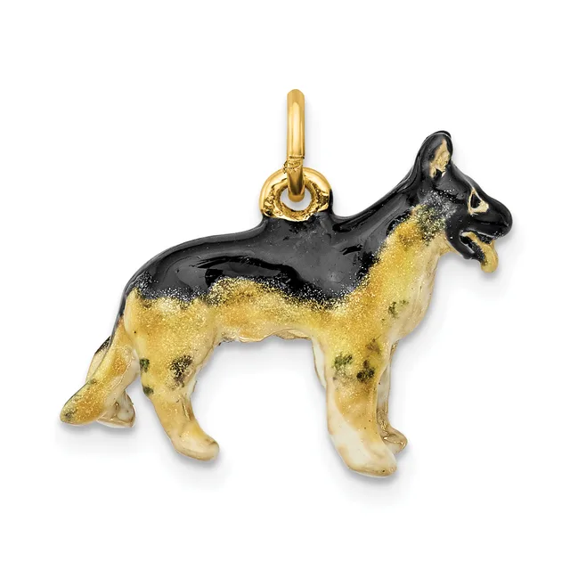 A two-tone gold and black enamel dog charm pendant with a gold loop attachment, shown in profile facing left.