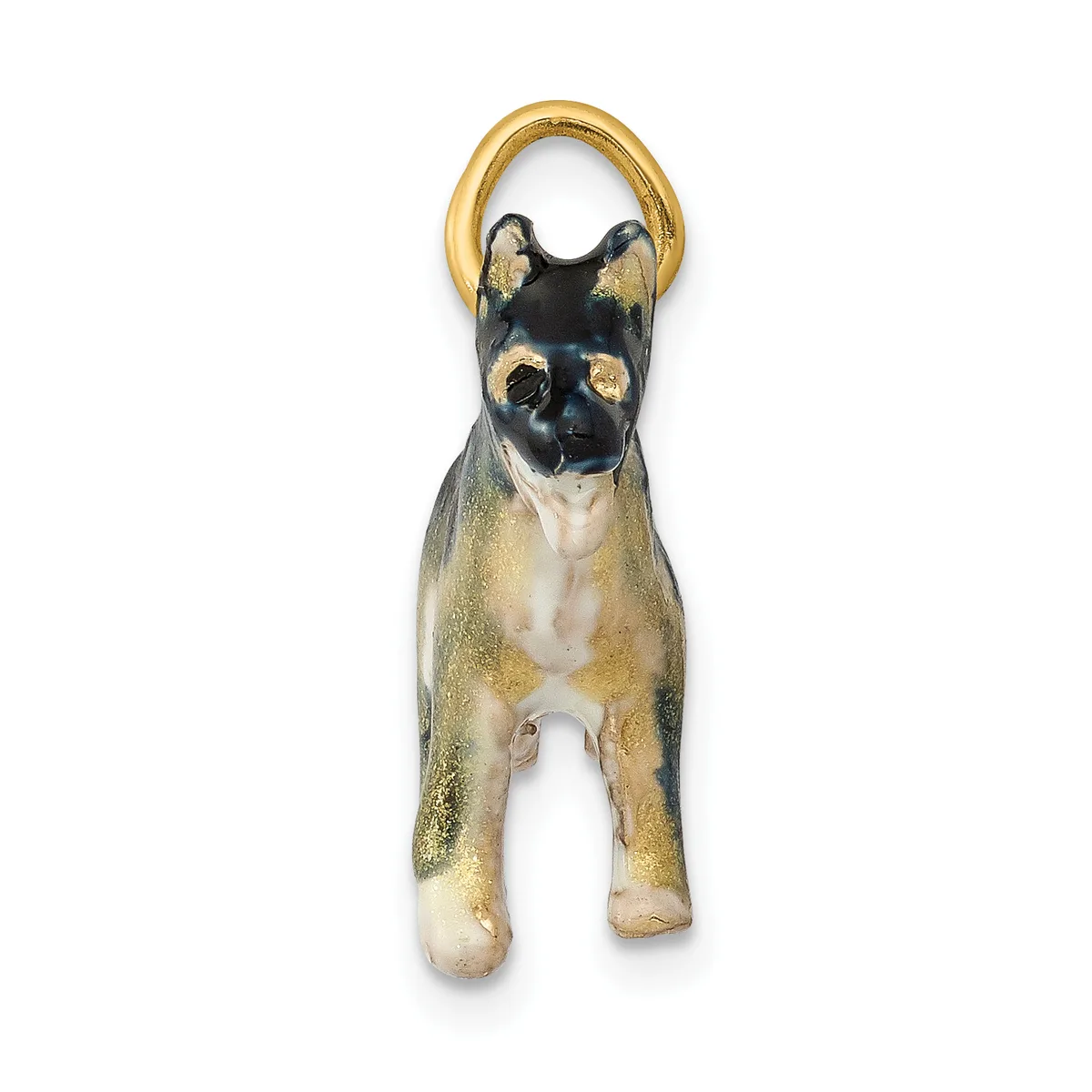 A gold-toned metal dog charm pendant with black enamel markings on the face and ears, white chest, and a gold loop at the top for hanging.