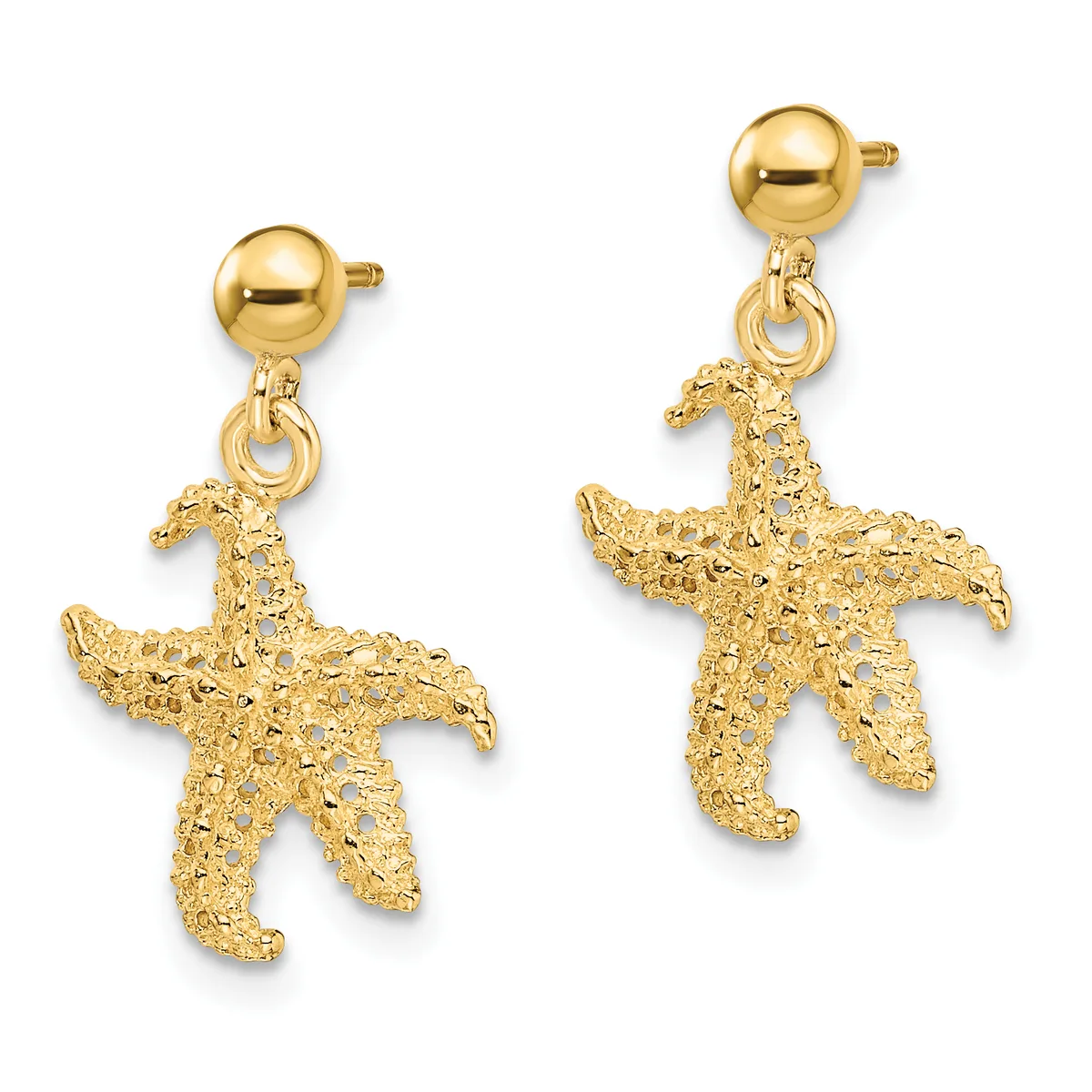 Pair of gold starfish dangle earrings with textured surfaces and polished ball studs.