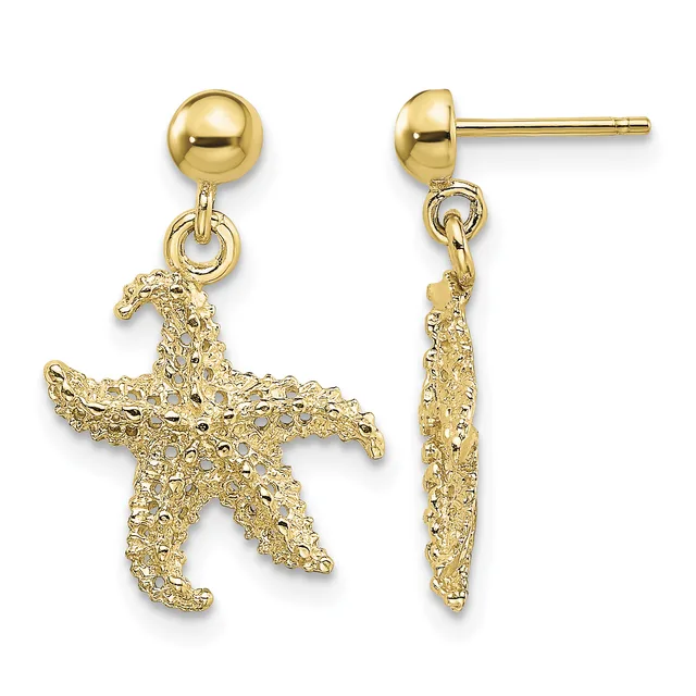 Pair of gold starfish dangle earrings with textured surfaces, shown from front and side views with ball studs and posts.