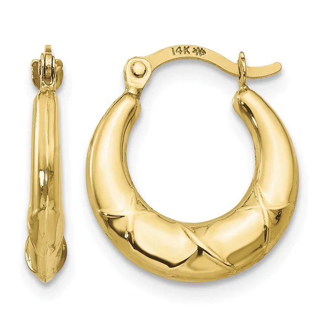 Pair of 14 karat gold hoop earrings with a polished finish and textured surface, shown from front and side views.