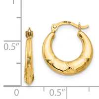 A pair of polished gold hoop earrings with a chunky tapered design, displayed next to a measurement scale showing approximately half an inch in height.