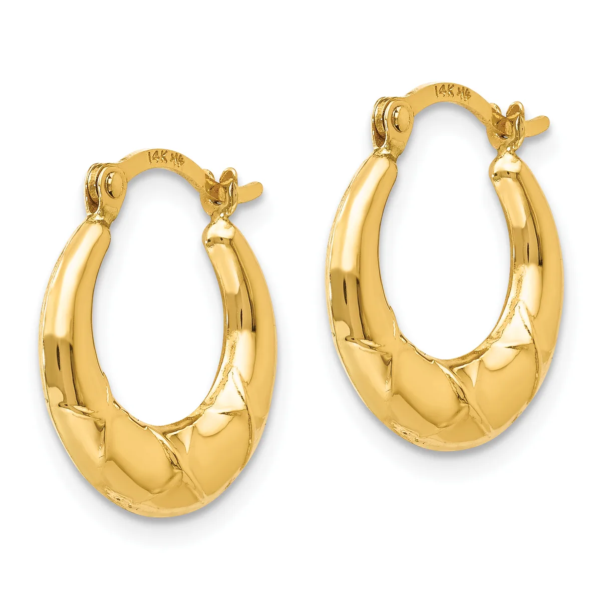 A pair of polished gold hoop earrings with textured lower halves and hinged posts, displayed side by side.