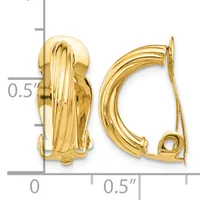 Two gold-toned curved clip-on earrings with ribbed texture and polished finish, shown at actual size against a measurement scale.