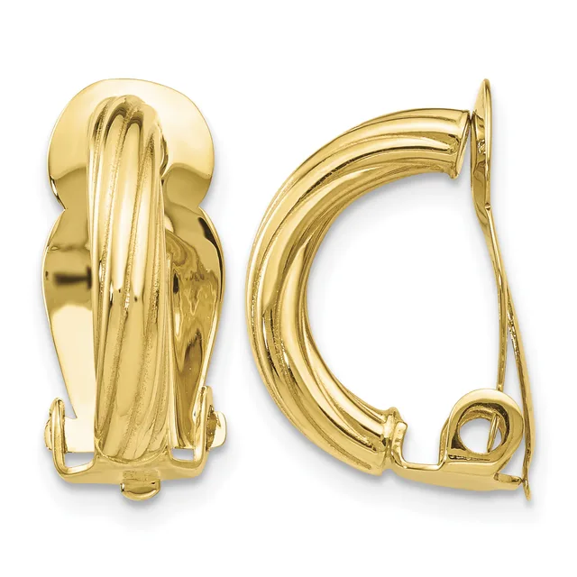 A pair of polished gold-toned curved clip-on earrings with ribbed textured detailing, shown from front and back views.