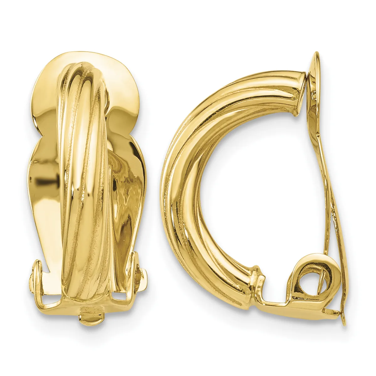 A pair of polished gold-toned curved clip-on earrings with ribbed textured detailing, shown from front and back views.
