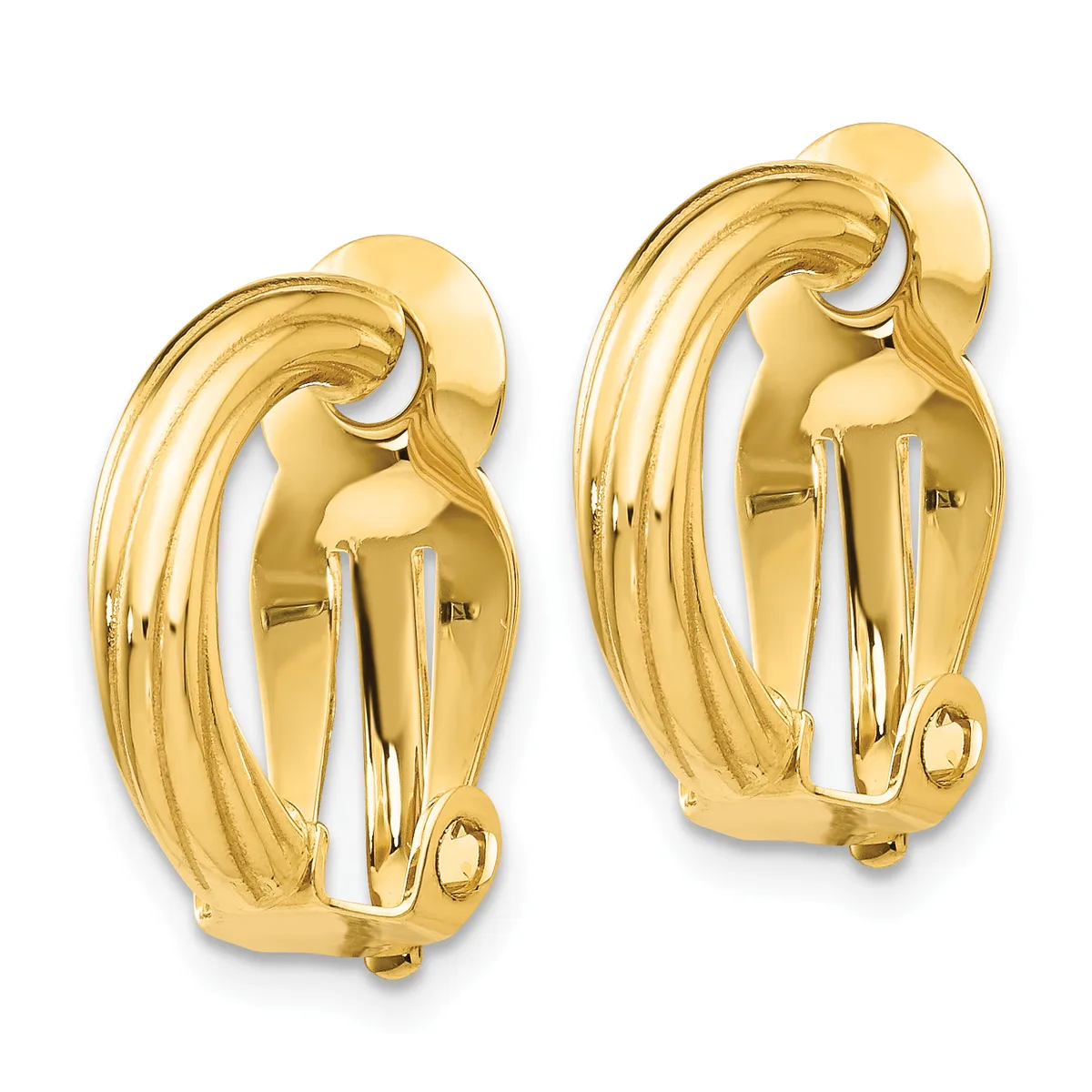 A pair of polished gold clip-on earrings with curved, ribbed designs and smooth rounded tops.