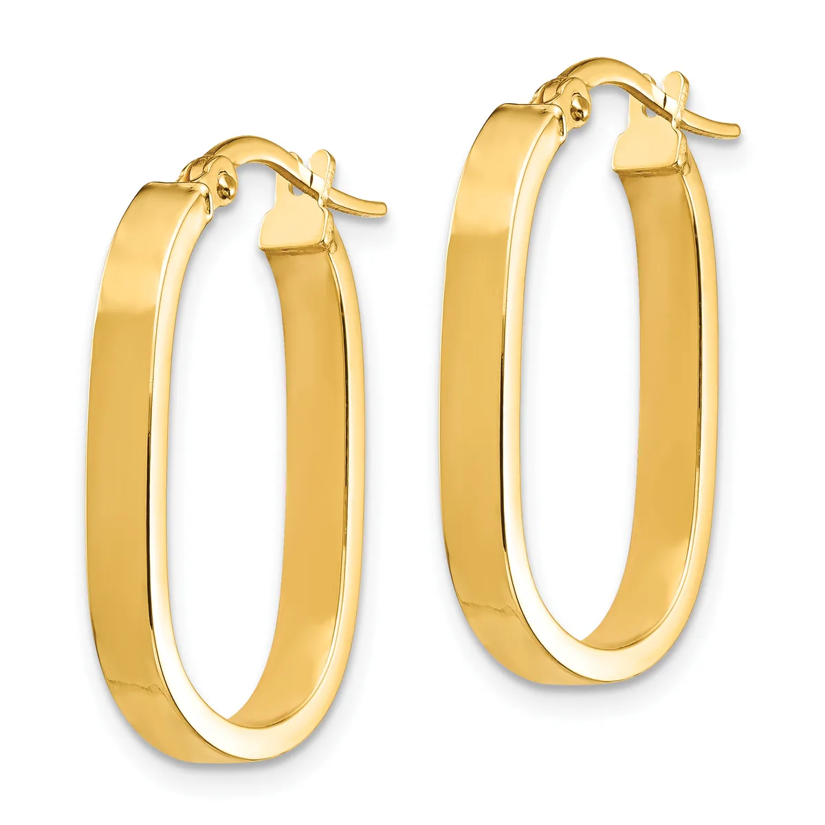 A pair of polished gold hoop earrings with flat, rectangular profiles and rounded edges, shown from the front with posts and clutch closures.