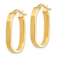 A pair of polished gold hoop earrings with flat, rectangular profiles and rounded edges, shown from the front with posts and clutch closures.