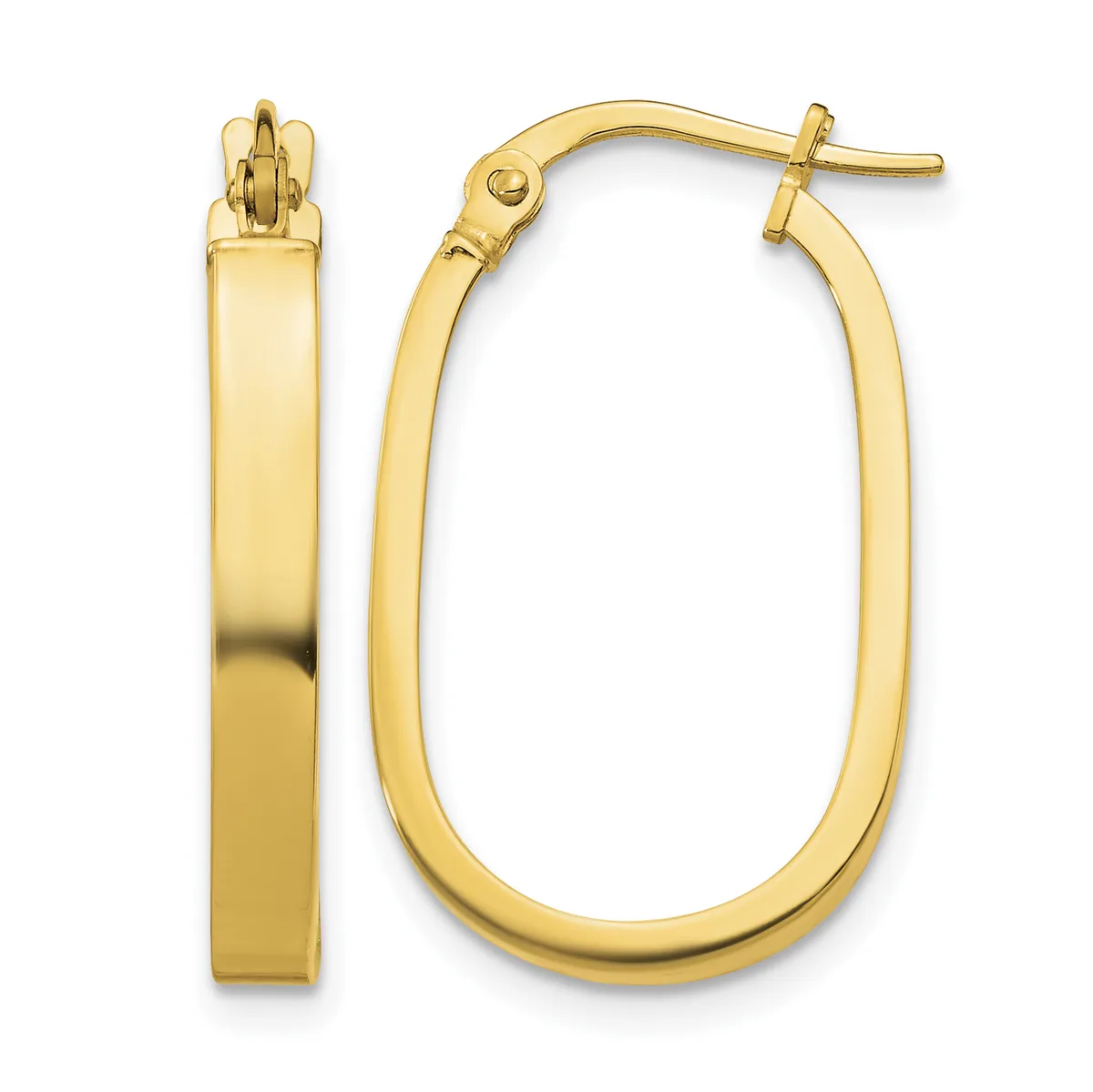 A pair of polished gold oval hoop earrings with a flat rectangular profile, shown from front and side views with post and clutch closures.