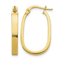 A pair of polished gold oval hoop earrings with a flat rectangular profile, shown from front and side views with post and clutch closures.