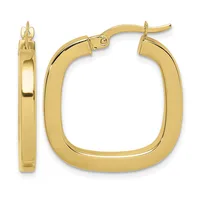 A pair of polished gold-toned rectangular hoop earrings with hinged closures, shown from front and side views.