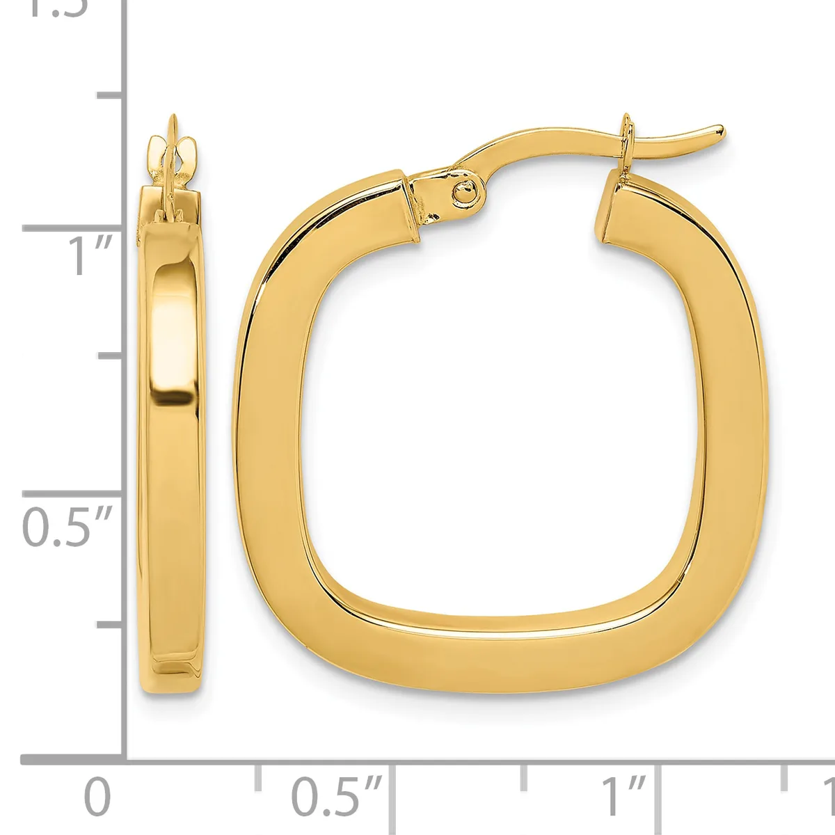 A pair of polished gold-toned rectangular hoop earrings with rounded corners, shown next to a measurement ruler indicating their size of approximately one inch in height.