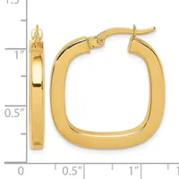 A pair of polished gold-toned rectangular hoop earrings with rounded corners, shown next to a measurement ruler indicating their size of approximately one inch in height.
