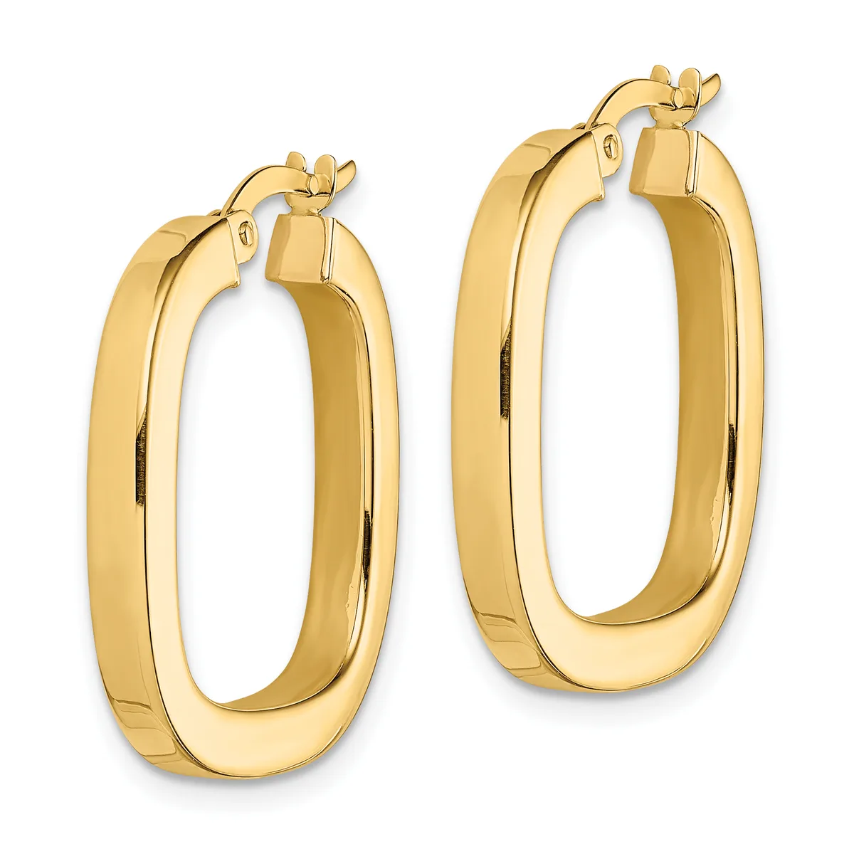 A pair of polished gold hollow hoop earrings with rounded rectangular shapes and clip-on closures, shown against a white background.