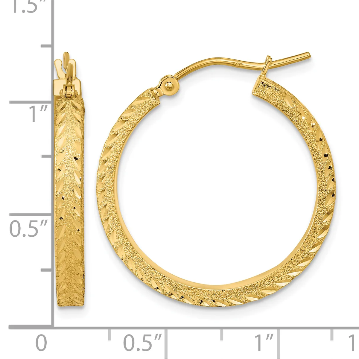 A pair of gold textured hoop earrings with a hammered finish and hinged posts, shown against a measurement scale indicating approximately one inch in diameter.