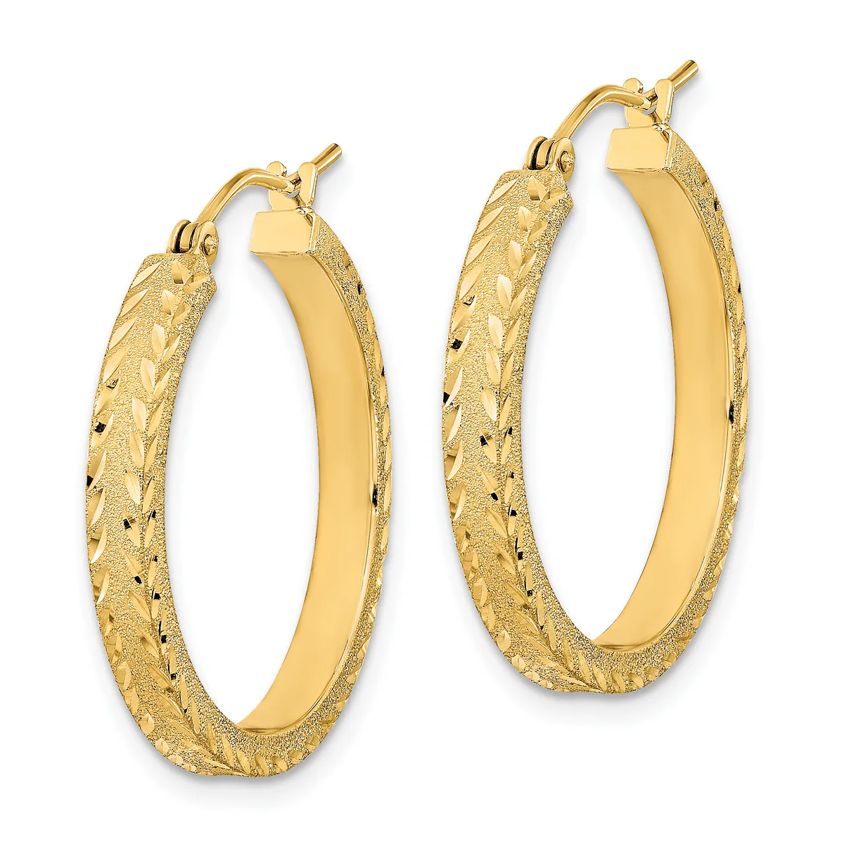 A pair of gold hoop earrings with textured outer surfaces and polished inner curves, shown from the front.