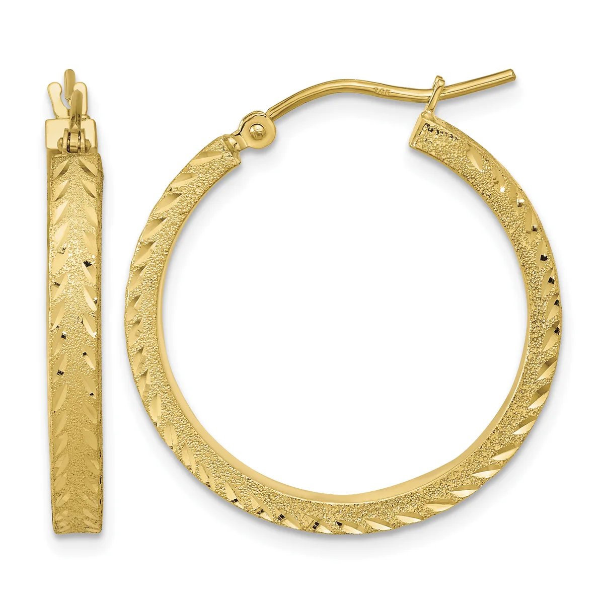 Pair of gold hoop earrings with textured finish and small decorative dots, shown from front and side views.