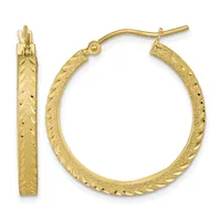 Pair of gold hoop earrings with textured finish and small decorative dots, shown from front and side views.