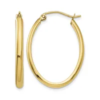 A pair of polished gold oval hoop earrings with hinged closures, displayed against a white background.