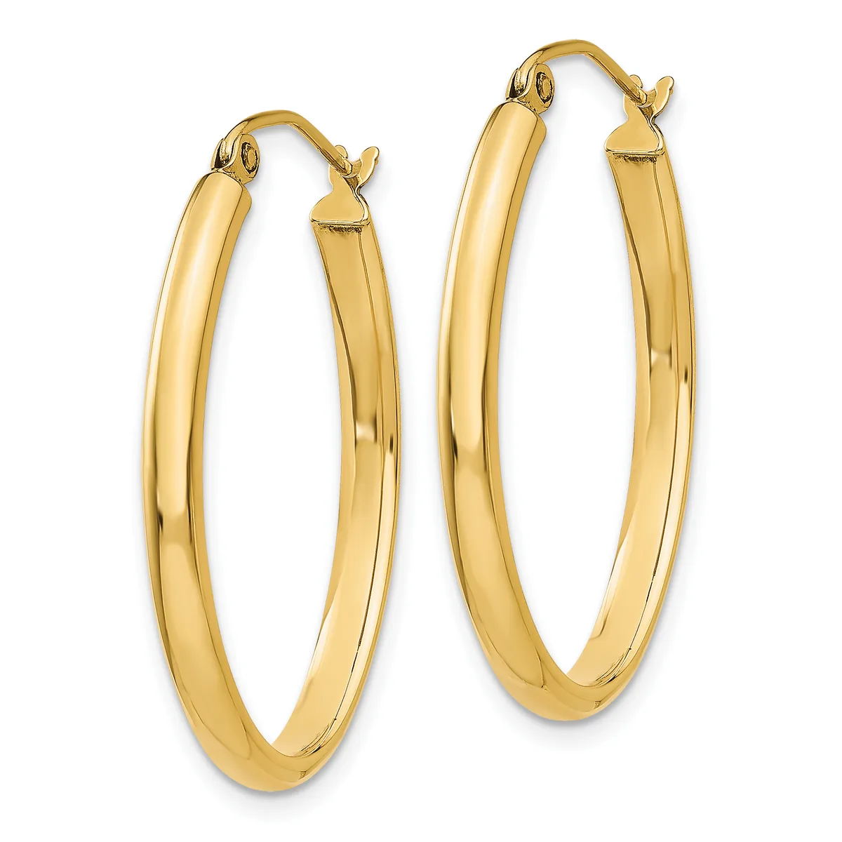 A pair of polished gold-toned oval hoop earrings with hinged closures, displayed side by side against a white background.