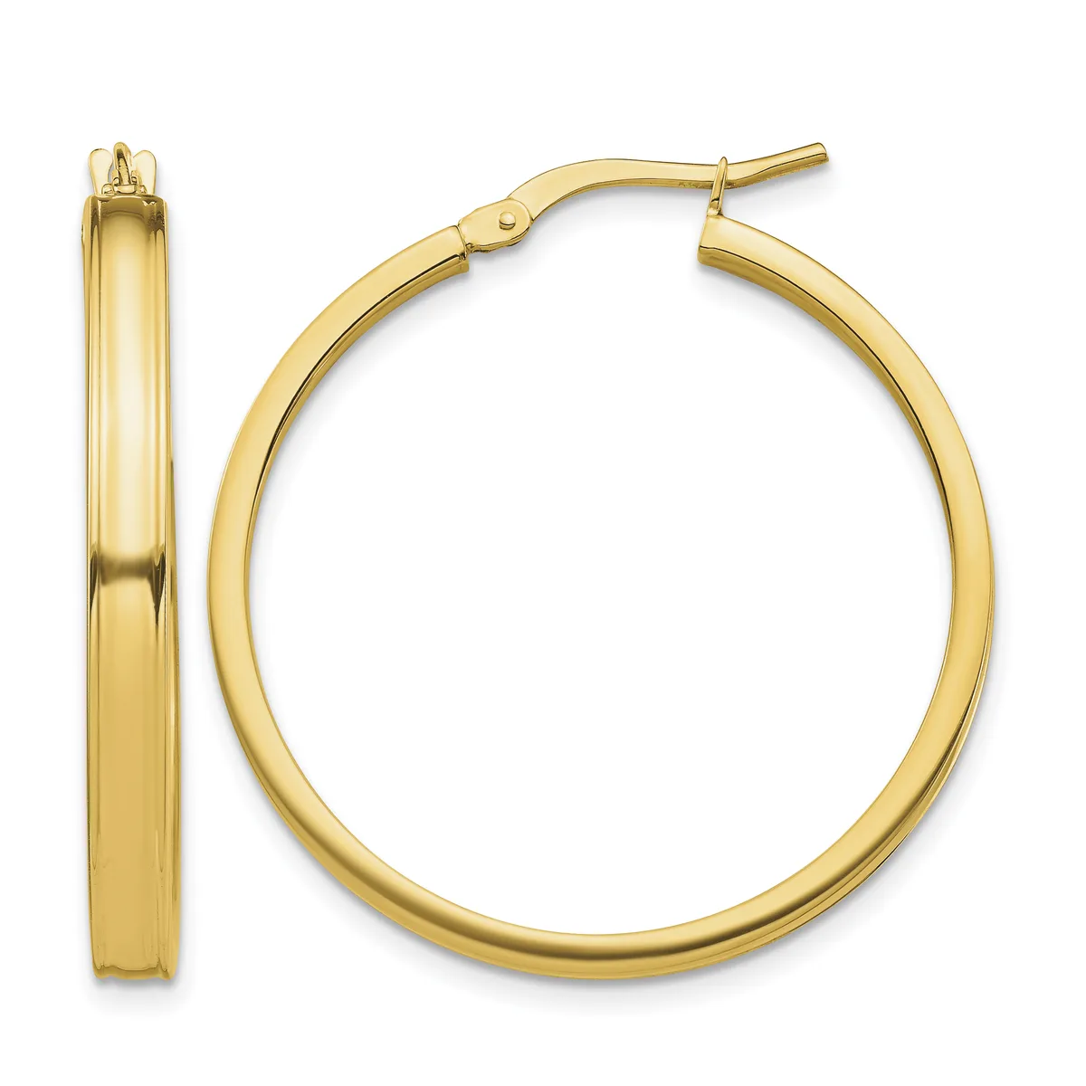 A pair of polished gold hoop earrings shown from the front and side views, displaying their smooth, rounded rectangular profile and hinged post closures.