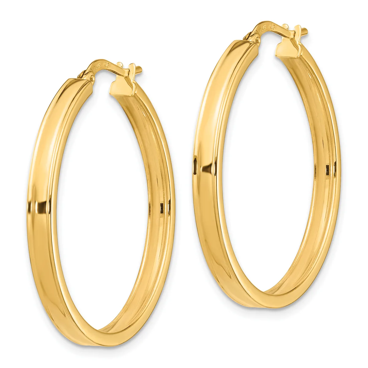 A pair of polished gold hoop earrings with a ridged texture, shown against a white background.