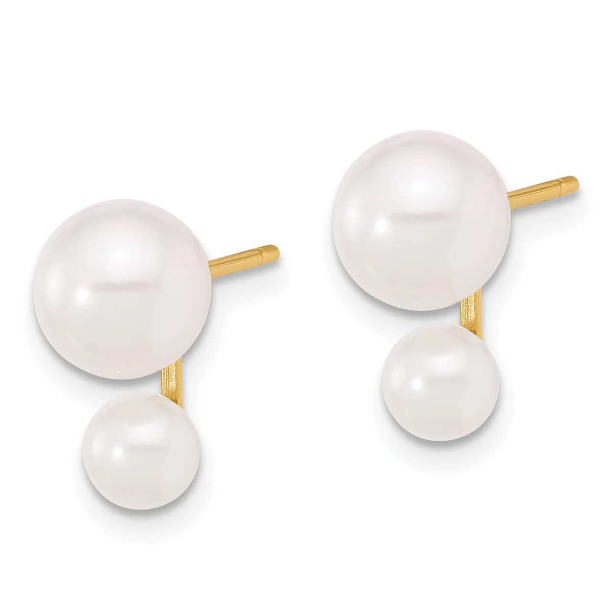 A pair of pearl stud earrings with gold posts, each featuring a larger white pearl with a smaller pearl dangling below.
