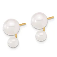 A pair of pearl stud earrings with gold posts, each featuring a larger white pearl with a smaller pearl dangling below.