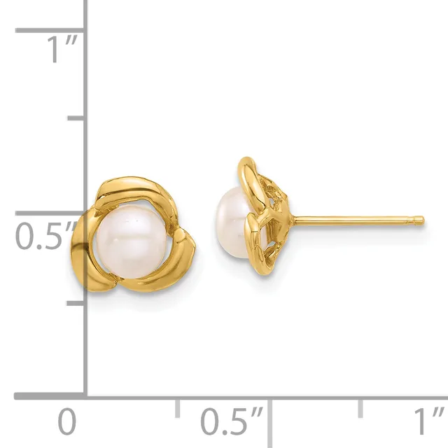 Gold stud earrings with white pearl centers set in twisted gold bezels, shown next to a ruler indicating approximately half-inch diameter.