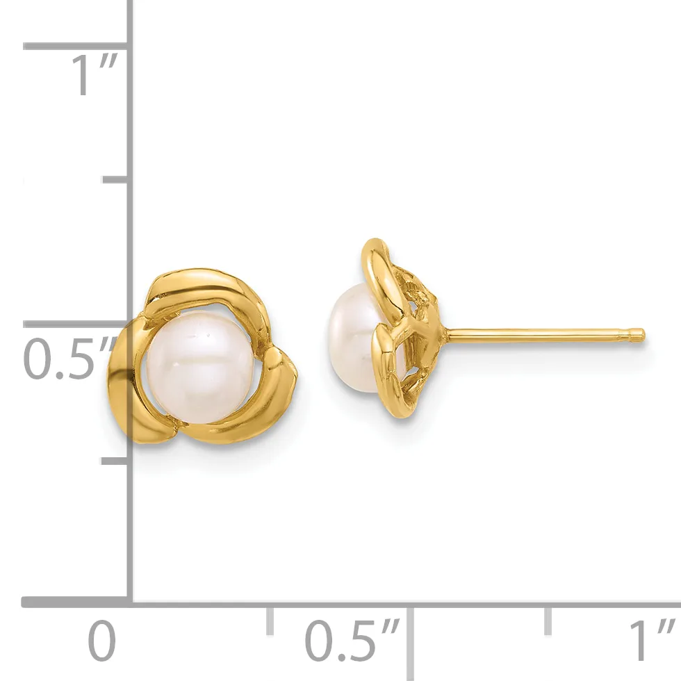 Gold stud earrings with white pearl centers set in twisted gold bezels, shown next to a ruler indicating approximately half-inch diameter.