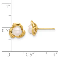 Gold stud earrings with white pearl centers set in twisted gold bezels, shown next to a ruler indicating approximately half-inch diameter.