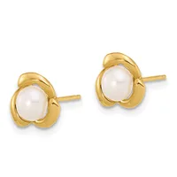 Pair of gold stud earrings featuring oval white pearls set in curved gold frames with posts and backs.