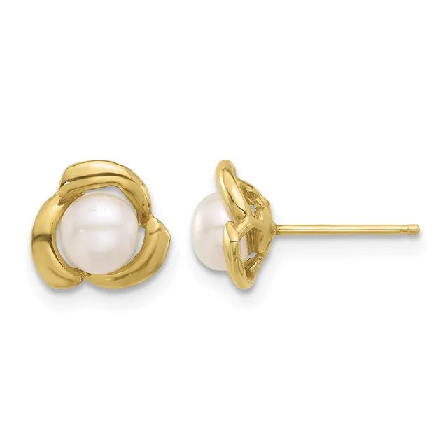 Pair of gold stud earrings with white pearl centers surrounded by curved gold bezels, shown from front and side views.