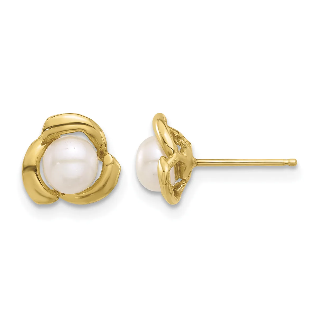 Pair of gold stud earrings with white pearl centers surrounded by curved gold bezels, shown from front and side views.