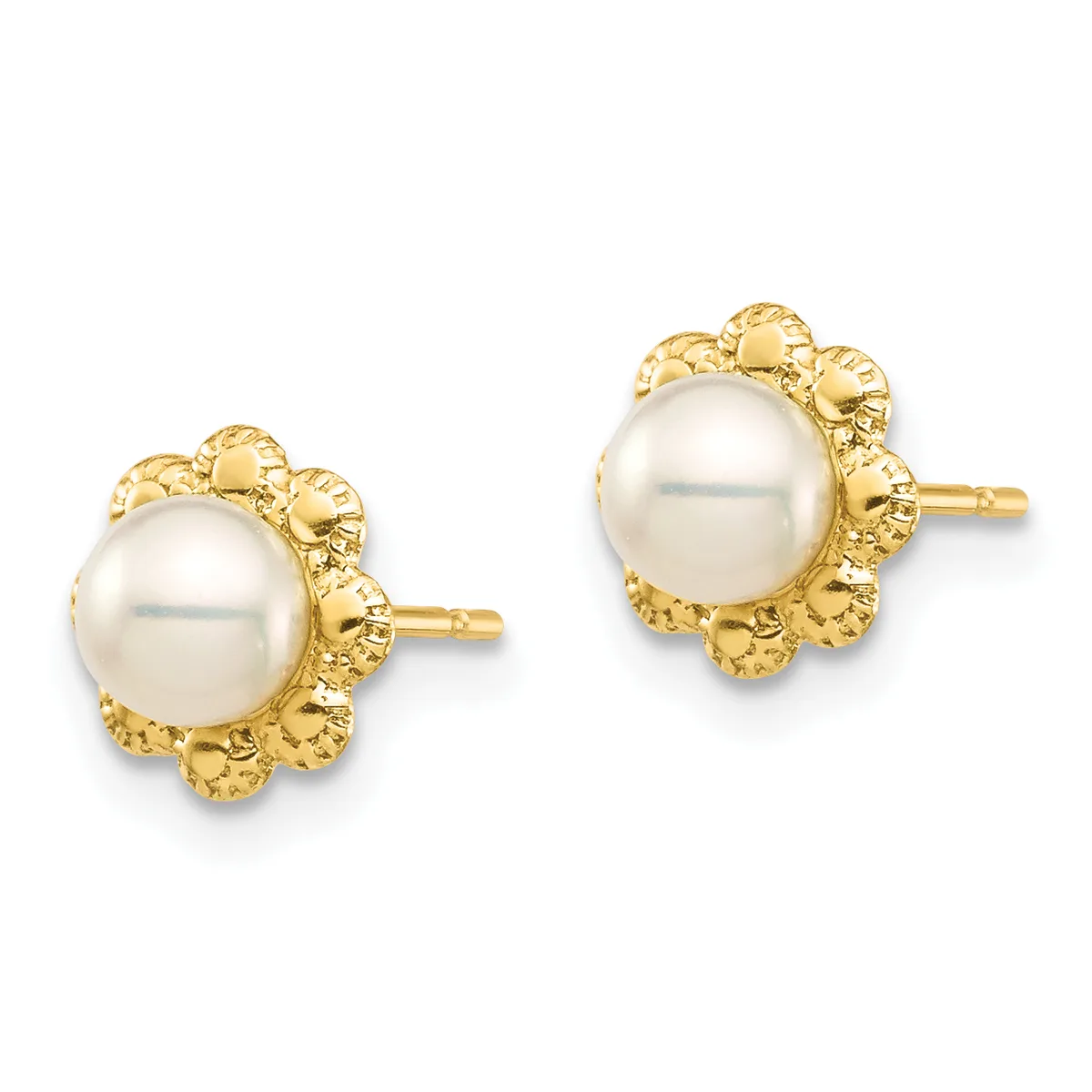 A pair of gold stud earrings, each featuring a round white pearl surrounded by an ornate textured gold floral-shaped setting.