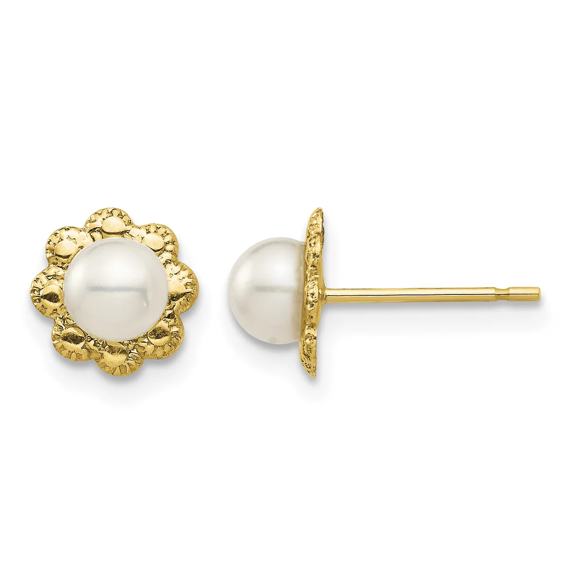 Pair of gold stud earrings with white pearl centers surrounded by decorative scalloped gold bezels, shown from front and side views.