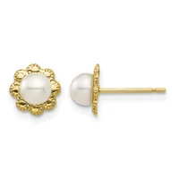 Pair of gold stud earrings with white pearl centers surrounded by decorative scalloped gold bezels, shown from front and side views.