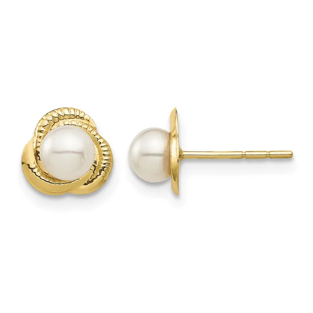 A pair of gold stud earrings with white pearl centers set in textured gold bezels, shown from front and side views.