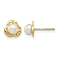 A pair of gold stud earrings with white pearl centers set in textured gold bezels, shown from front and side views.