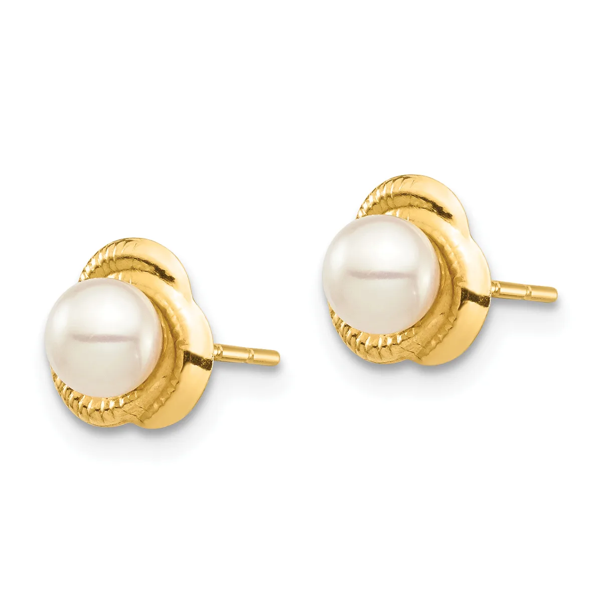 Pair of gold stud earrings with textured gold settings featuring white pearls, shown from the front against a white background.